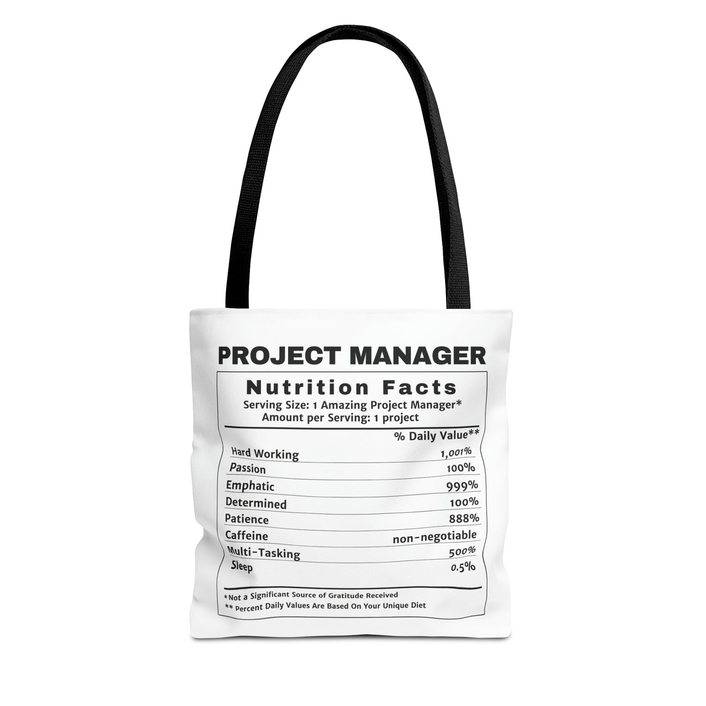 Tote Bag - All-Over-Print - Project Manager Nutritional Label