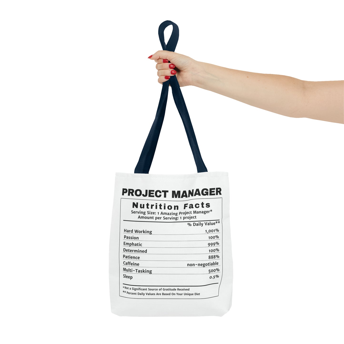 Tote Bag - All-Over-Print - Project Manager Nutritional Label