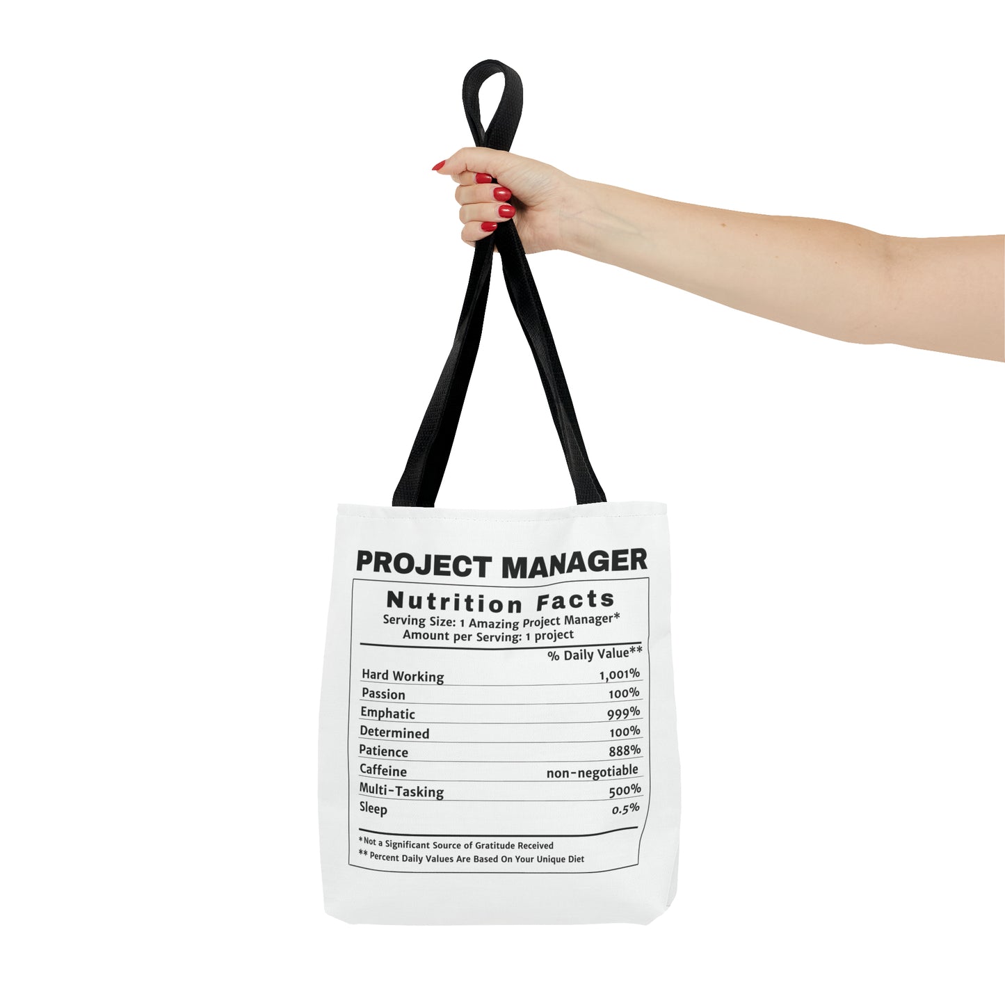 Tote Bag - All-Over-Print - Project Manager Nutritional Label