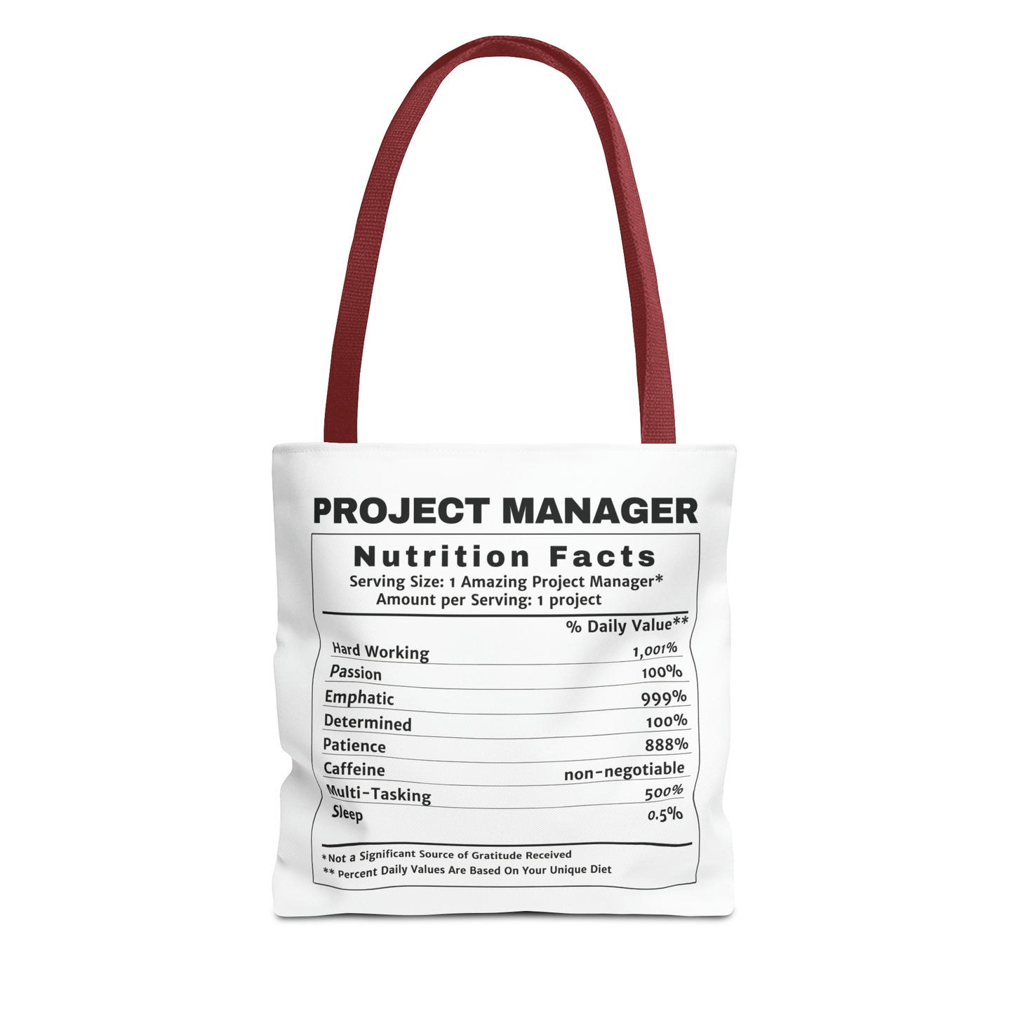 Tote Bag - All-Over-Print - Project Manager Nutritional Label