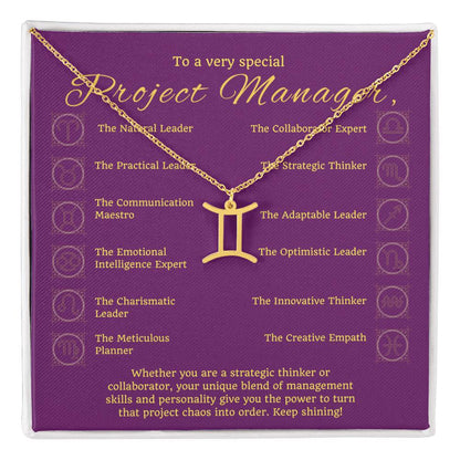 Project Manager Zodiac Necklace - Unique Minimalist Gift, 18K Gold, Stainless Steel,  Horoscope Jewelry