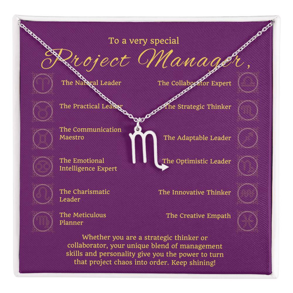 Project Manager Zodiac Necklace - Unique Minimalist Gift, 18K Gold, Stainless Steel,  Horoscope Jewelry