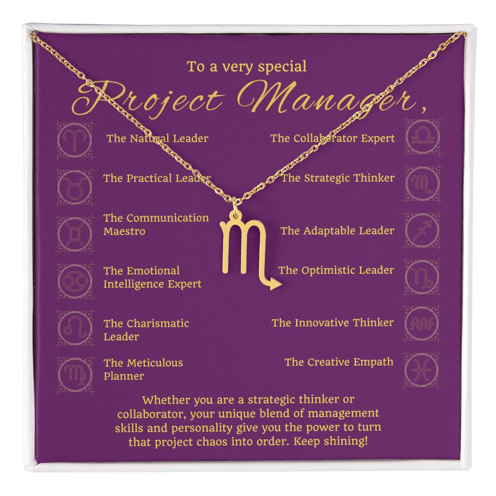 Project Manager Zodiac Necklace - Unique Minimalist Gift, 18K Gold, Stainless Steel,  Horoscope Jewelry